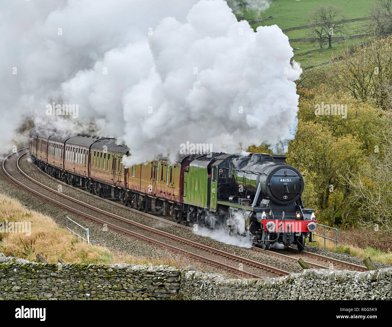 Conserve di bolina a vapore sul treno il Settle & Carlisle linea ferroviaria, Yorkshire Dales National Park, nell'Inghilterra del Nord, Regno Unito Foto Stock