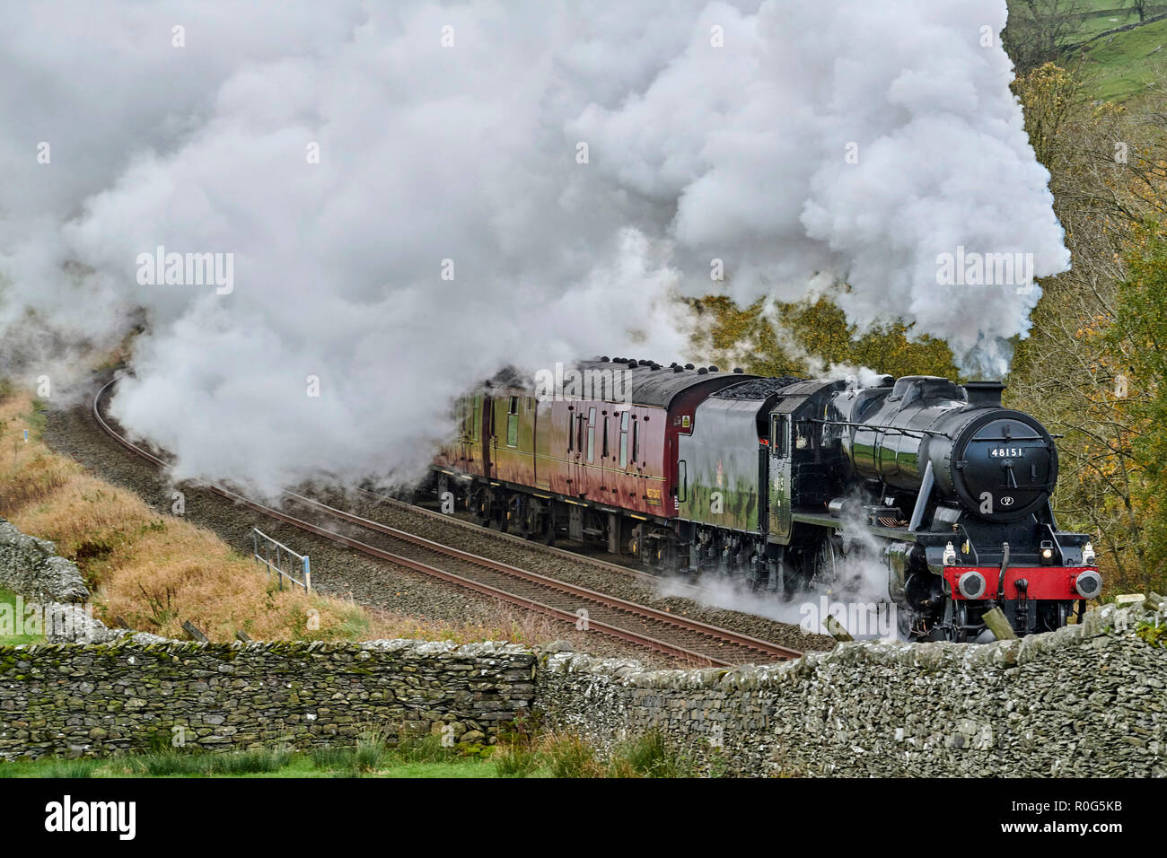 Conserve di bolina a vapore sul treno il Settle & Carlisle linea ferroviaria, Yorkshire Dales National Park, nell'Inghilterra del Nord, Regno Unito Foto Stock