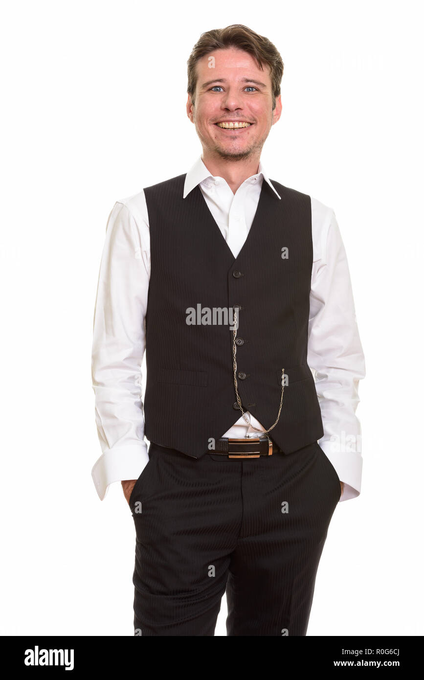Felice formale uomo caucasico sorridente giubbotto da indossare Foto Stock