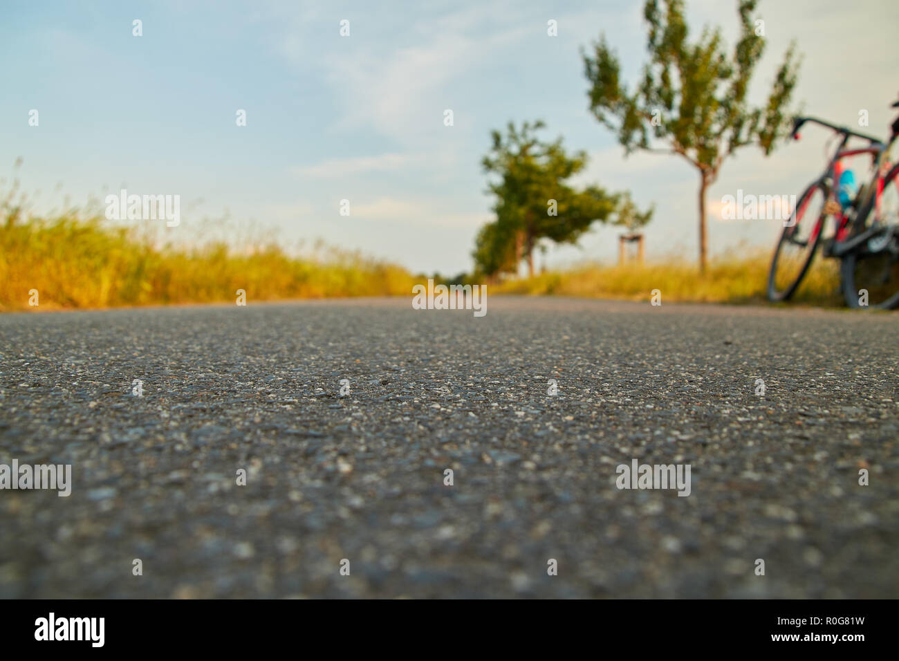 Il percorso del ciclo di asfalto, a rompere l'escursione in bicicletta di sera, la moto si erge a bordo, prospettiva profonda con vista lungo il percorso Foto Stock