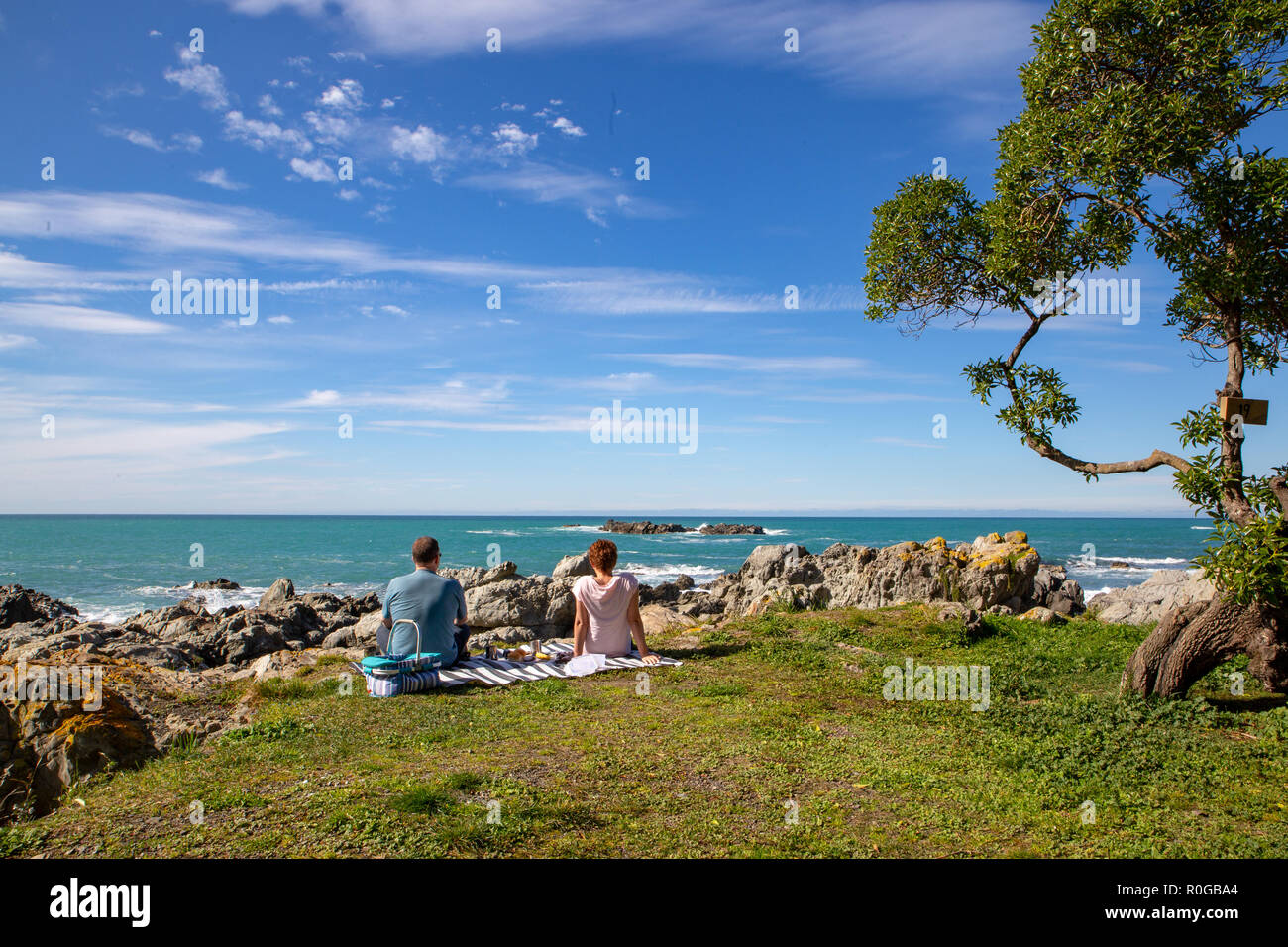 Due persone godendo di un picnic e godendo della vista di Kaikoura costa su una bella giornata di primavera Foto Stock