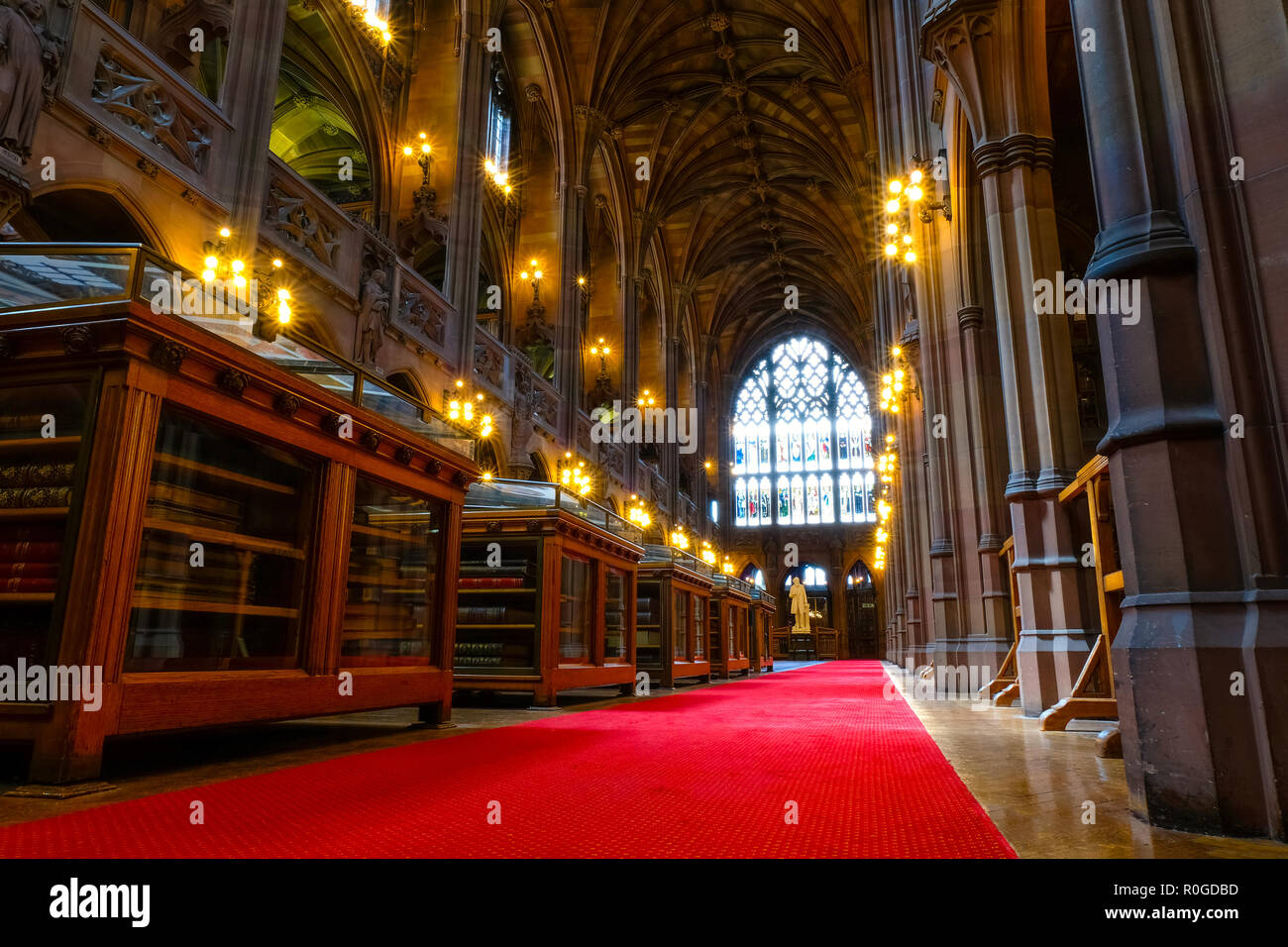 Manchester, Regno Unito - 18 Maggio 2018: John Rylands Library costruito nel 1988 da Enriqueta Rylands, sua moglie dopo Giovanni della morte, è aperto al pubblico nel 1900. Il Foto Stock