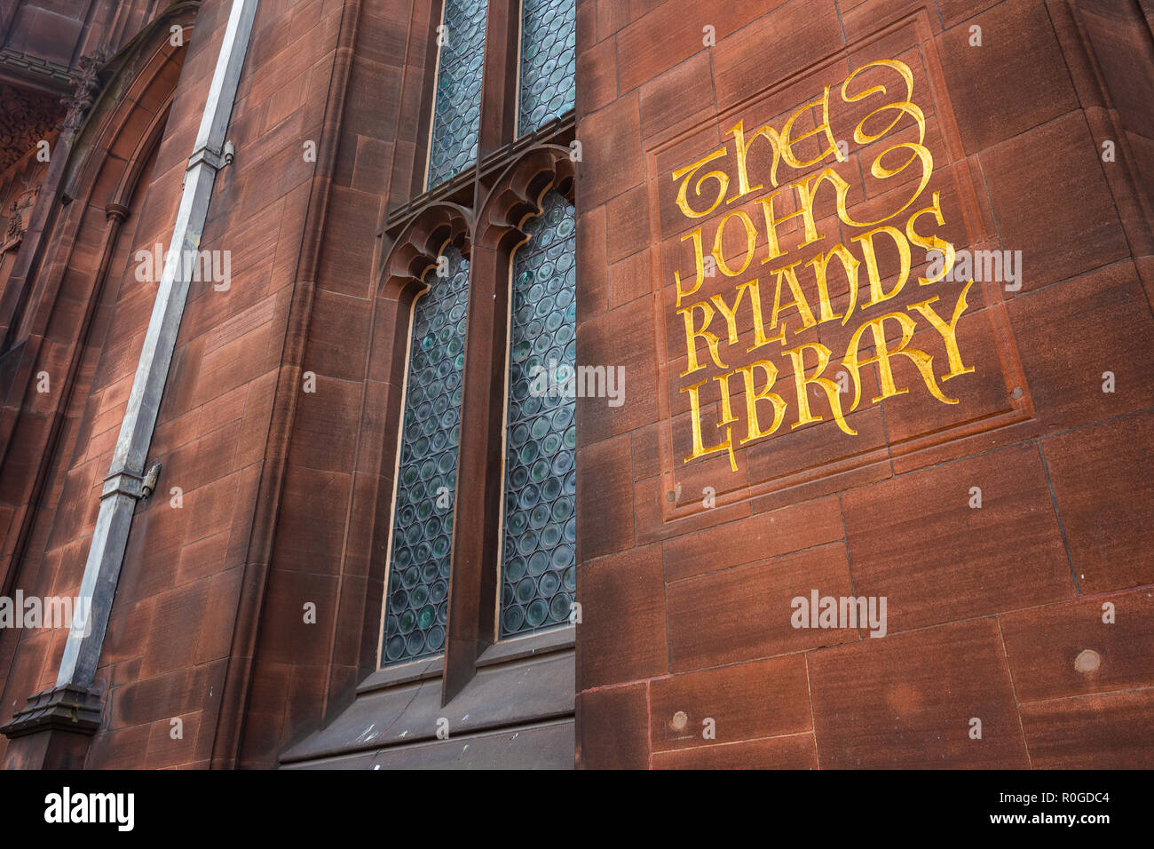 Manchester, Regno Unito - 18 Maggio 2018: John Rylands Library costruito nel 1988 da Enriqueta Rylands, sua moglie dopo Giovanni della morte, è aperto al pubblico nel 1900. Il Foto Stock