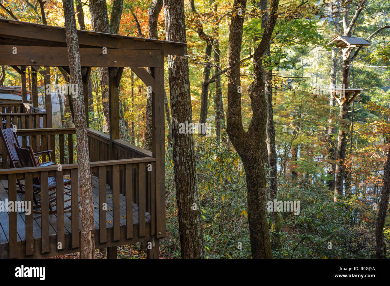 Canna di cabina con pianale rockers in legno che si affaccia sul lago e foresta (con zipline piattaforma) a Unicoi State Park nel nord-est della Georgia. (USA) Foto Stock