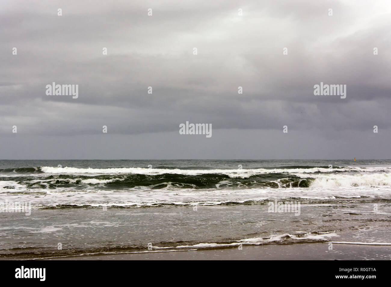 Vista sulla costa di Texel. Provincia North-Holland, Paesi Bassi. Un burrascoso e giorno di pioggia in autunno con un abbandonato seascape. In tipico stile olandese Foto Stock