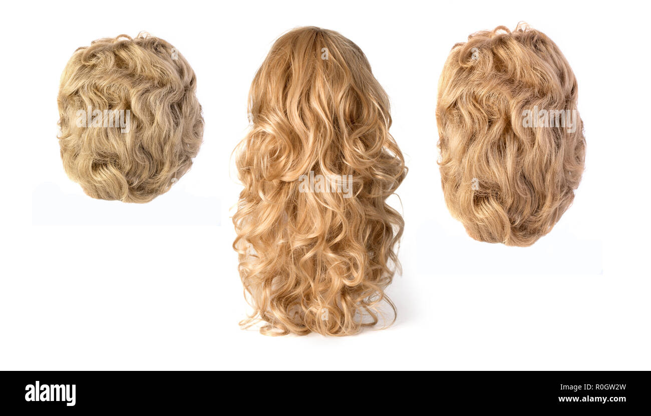 Lunga parentesi bionda ,capelli Parrucche isolati su sfondo bianco Foto Stock