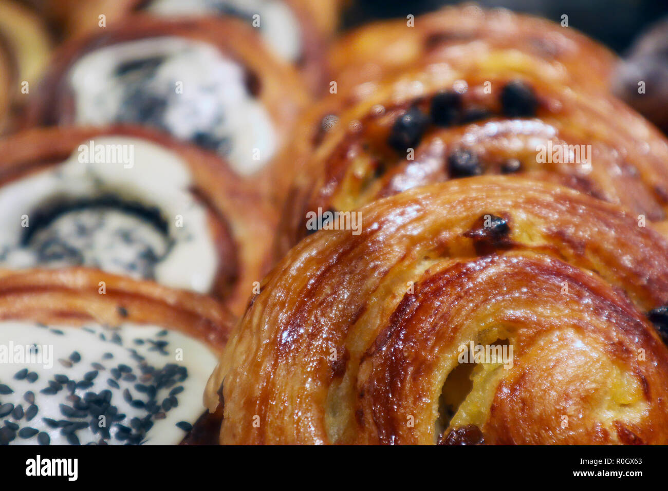 Un certo numero di appetitosi rubicondo arrotolato panini con uvetta in una vetrina Foto Stock