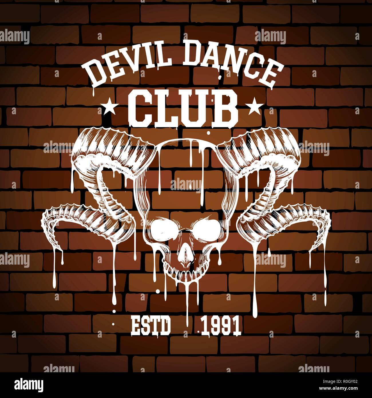 Rock Club o Rock etichetta di registrazione emblema. Cranio umano con le corna sul muro di mattoni con formulazioni. Illustrazione Vettoriale. Illustrazione Vettoriale