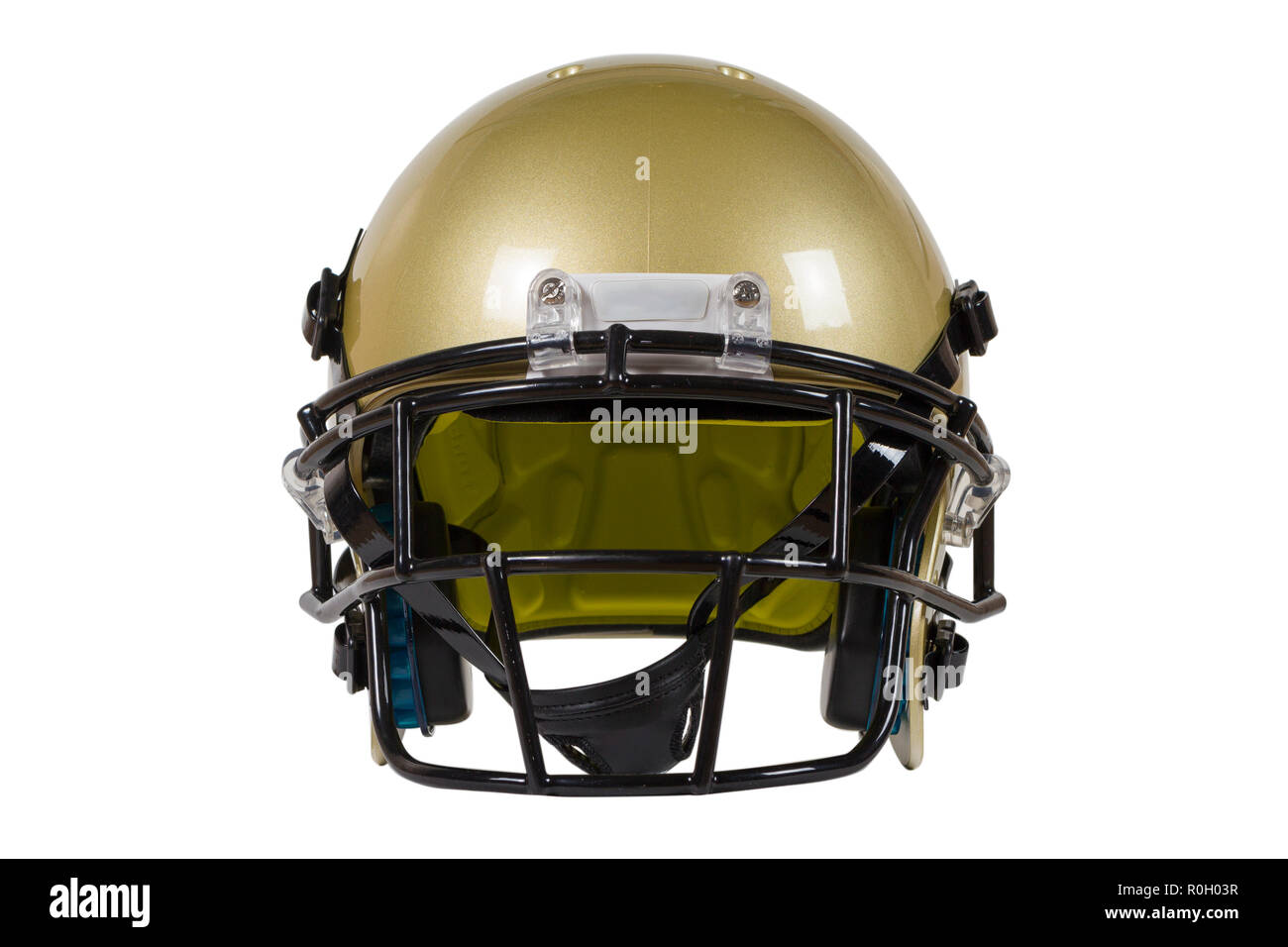 Vista frontale di Vegas Gold football americano casco isolato su bianco con tracciato di ritaglio Foto Stock