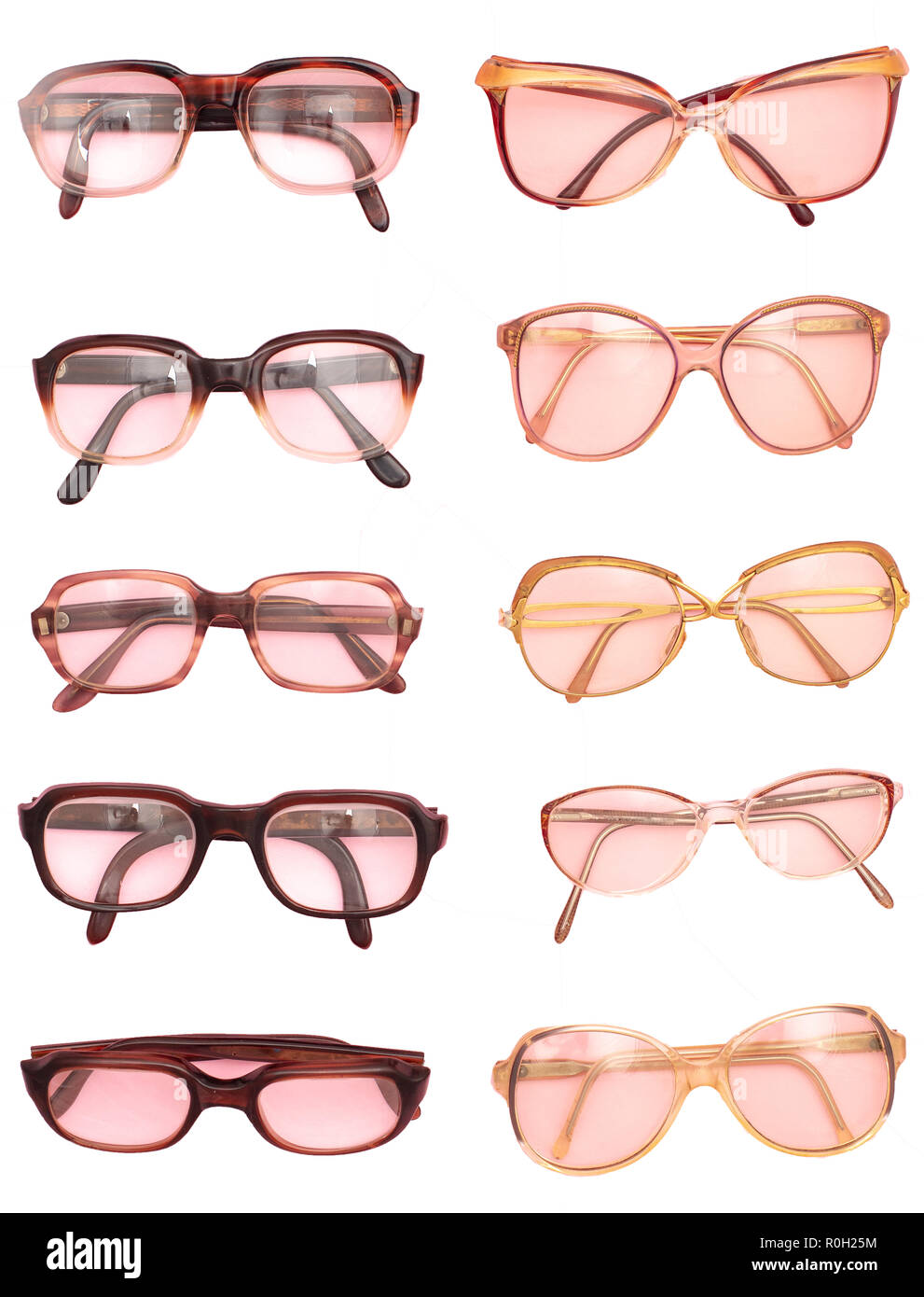 Diversi tipi di RMAN e donna espactacles occhiali protettivi. Vista dall'alto su sfondo bianco Foto Stock