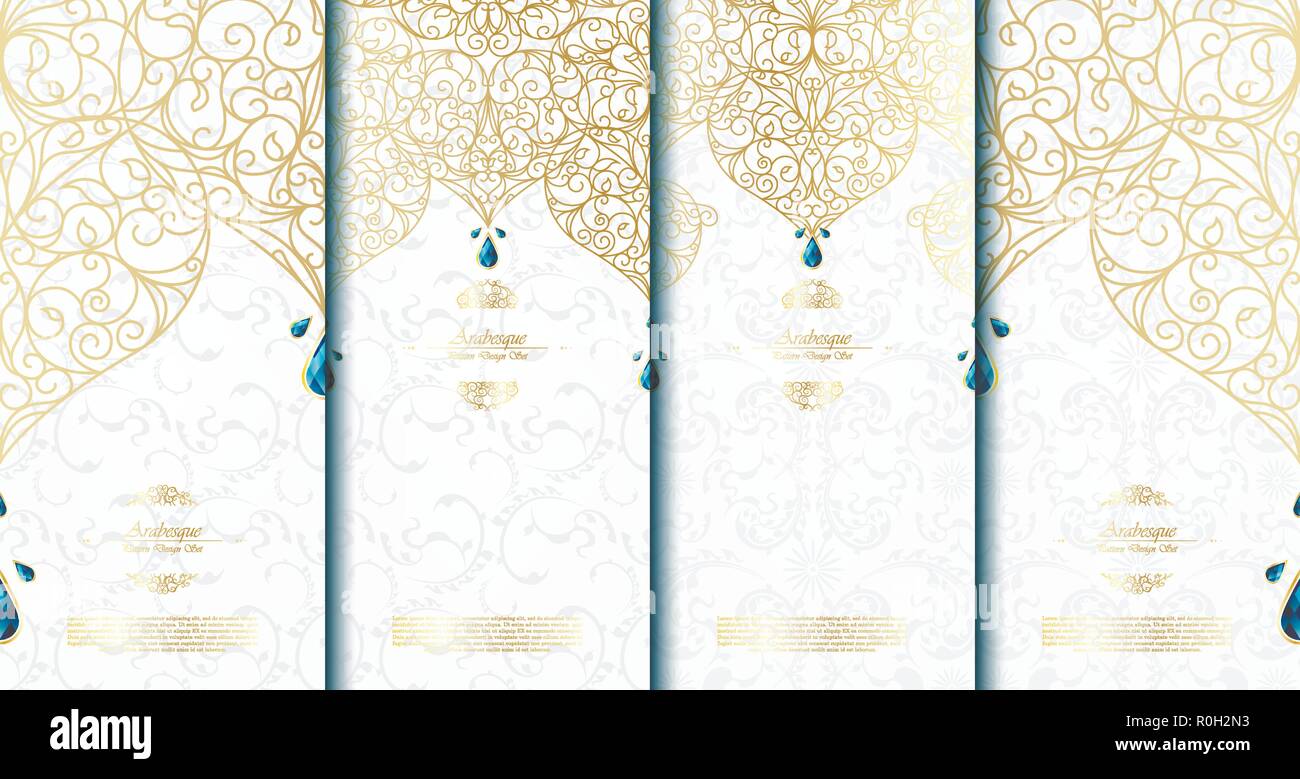 Arabesque astratto elemento islamica elegante in bianco e oro scheda Sfondo vettore modello set design Illustrazione Vettoriale