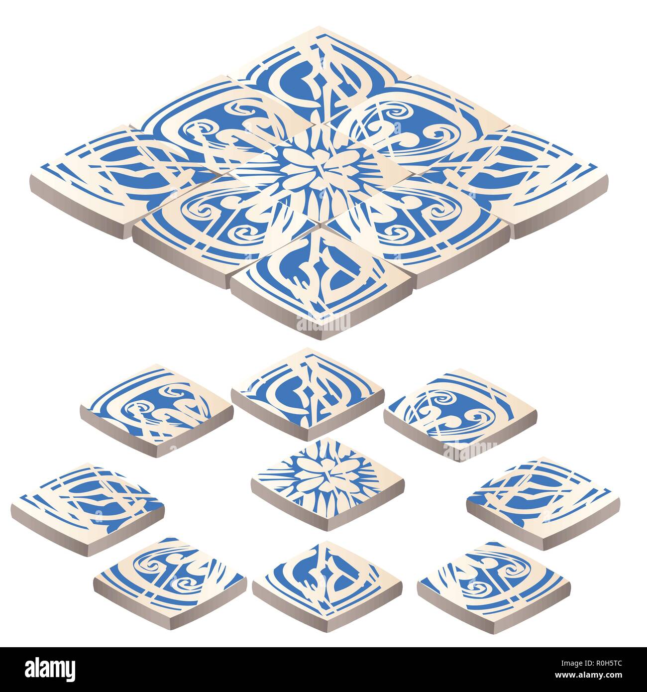 Set di piastrelle per pavimento con ornamento di colore blu in stile del gelido patterns isolati su sfondo bianco. Vector cartoon close-up illustrazione. Illustrazione Vettoriale