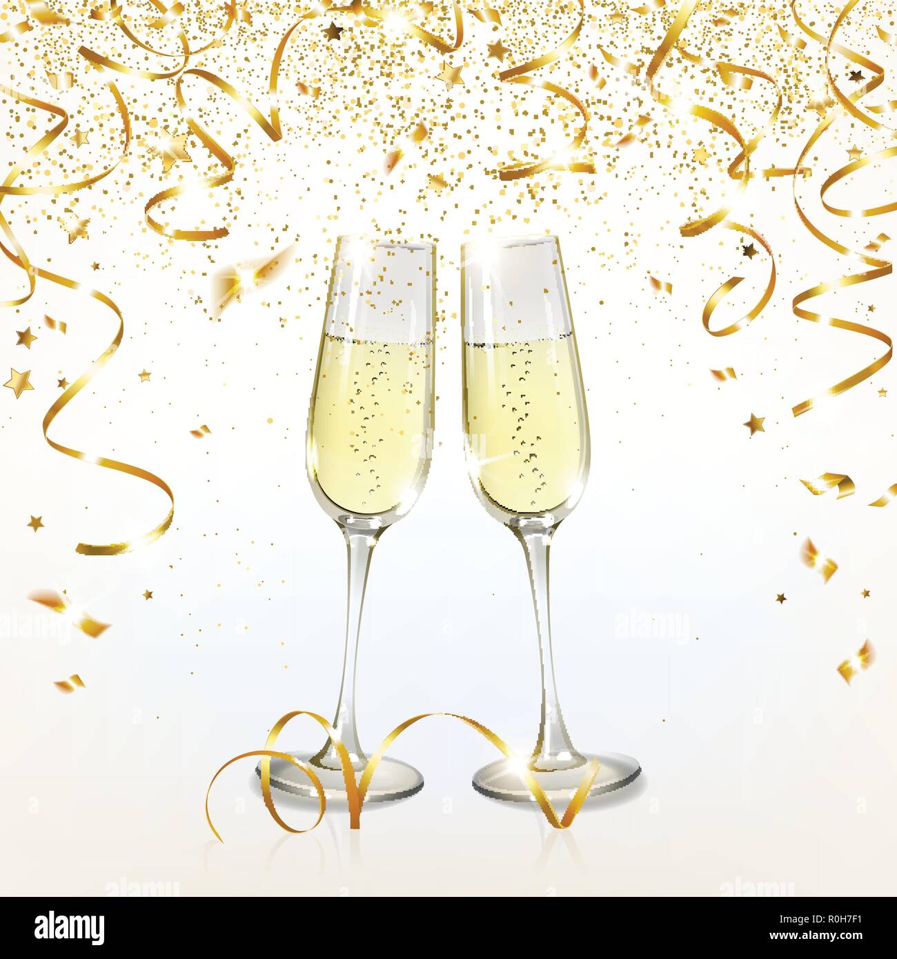Occhiali con champagne e golden coriandoli su uno sfondo luminoso Illustrazione Vettoriale