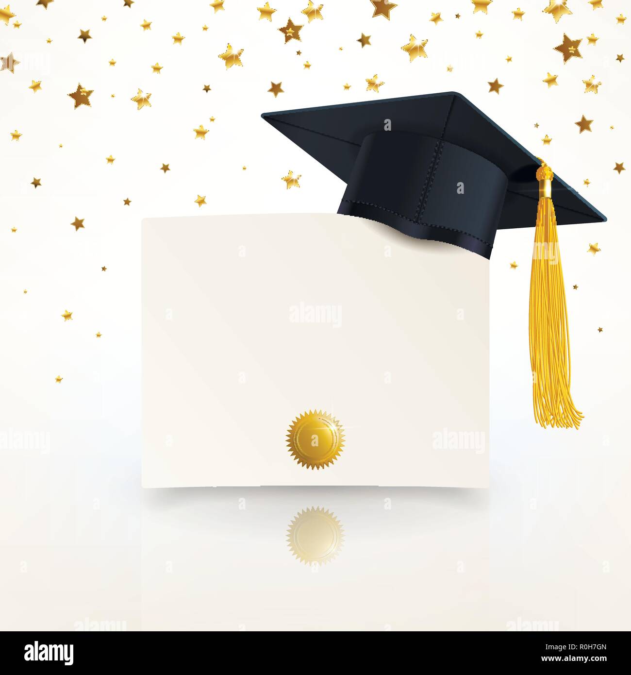 Tappo di laureati e diploma di laurea sullo sfondo coriandoli di stelle  d'oro Immagine e Vettoriale - Alamy