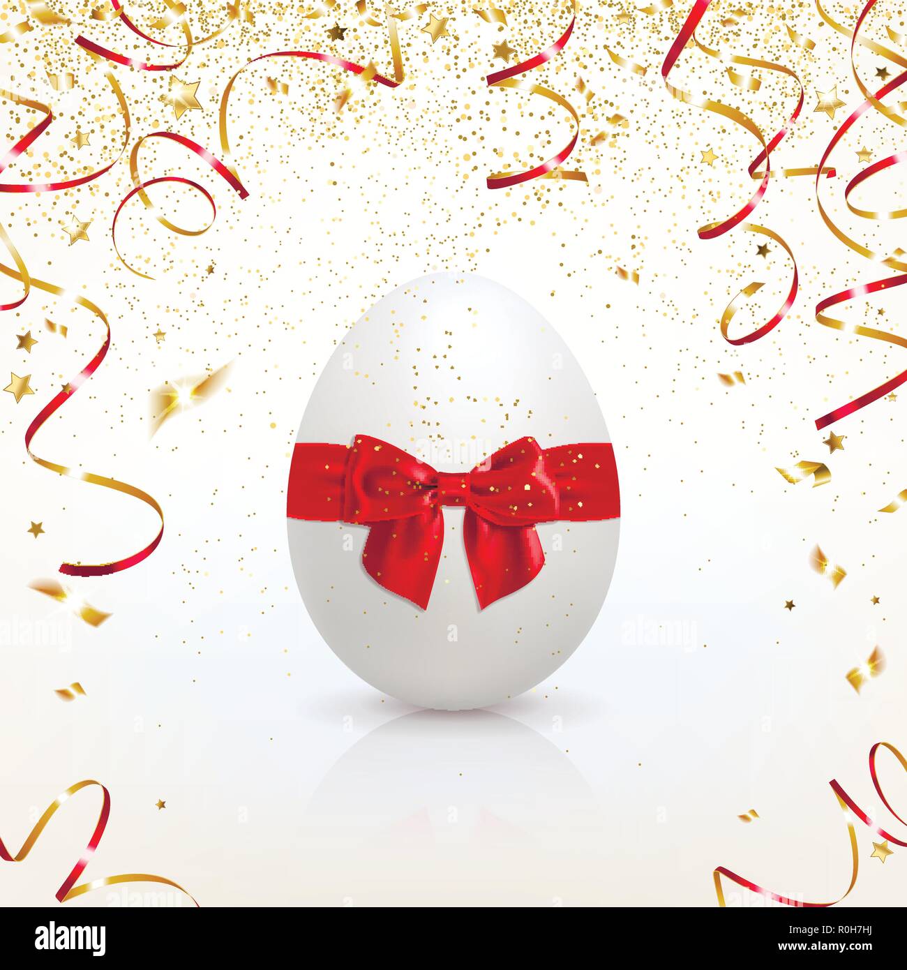 Biglietto di auguri con uovo di pasqua e confetti d'oro su sfondo chiaro Illustrazione Vettoriale