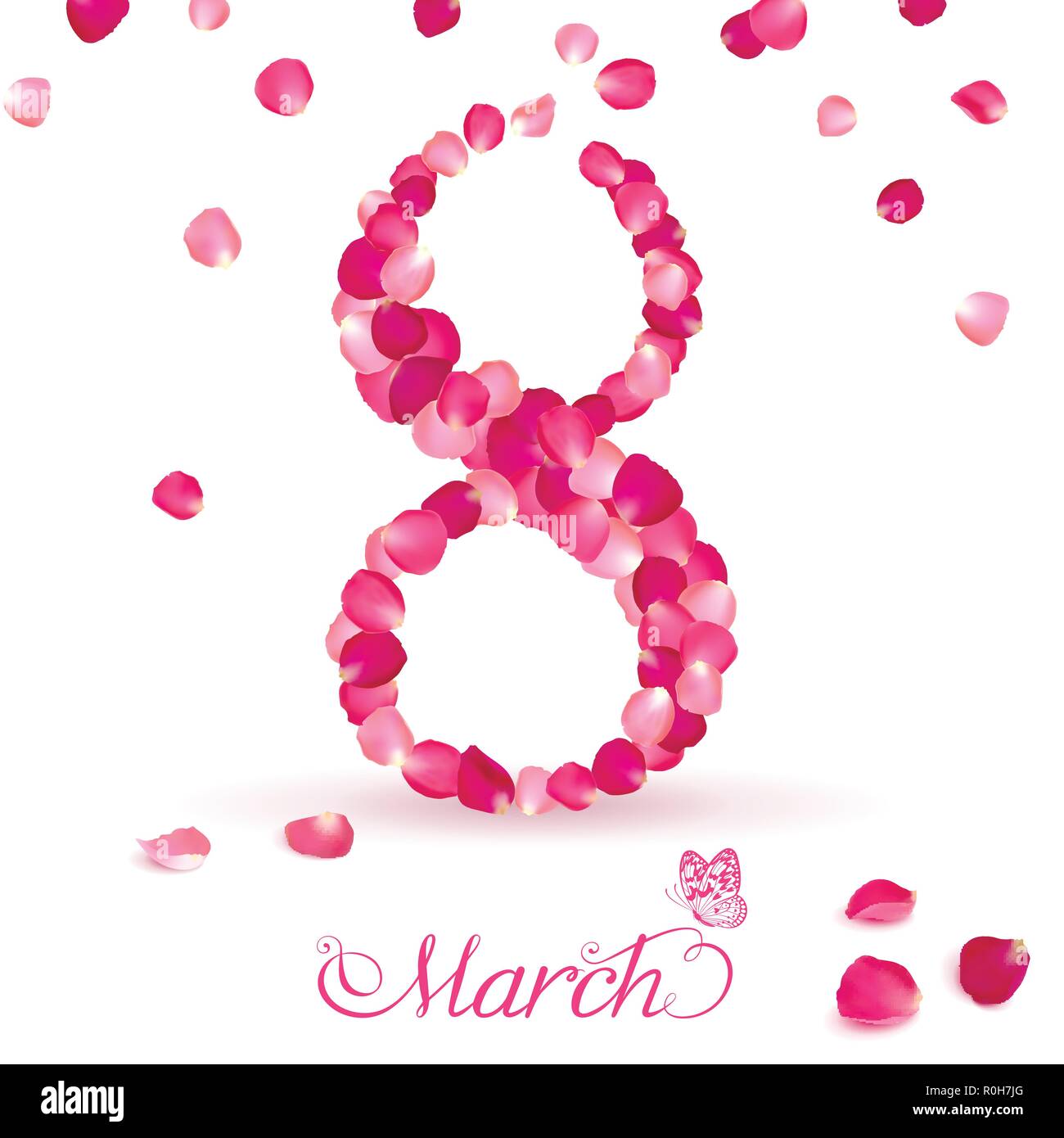 Biglietto di auguri con il numero otto di rosa petali di rosa su sfondo bianco Illustrazione Vettoriale