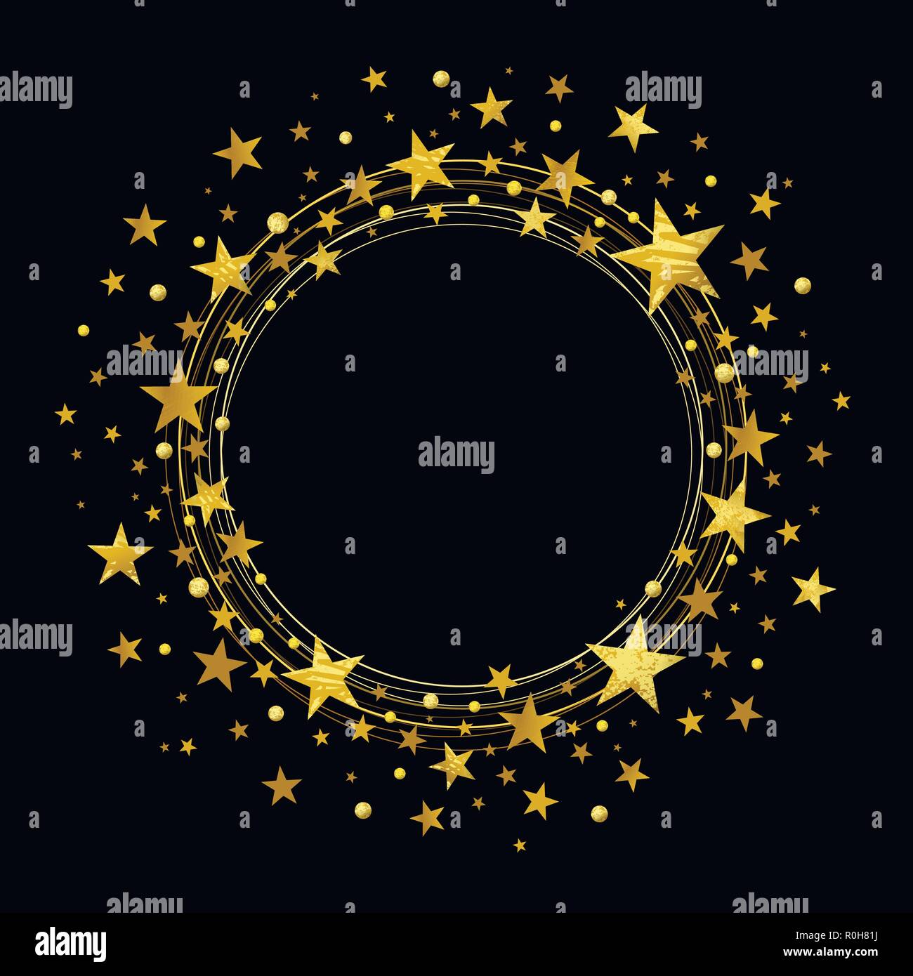 Round corona di stelle dorate su sfondo nero Illustrazione Vettoriale