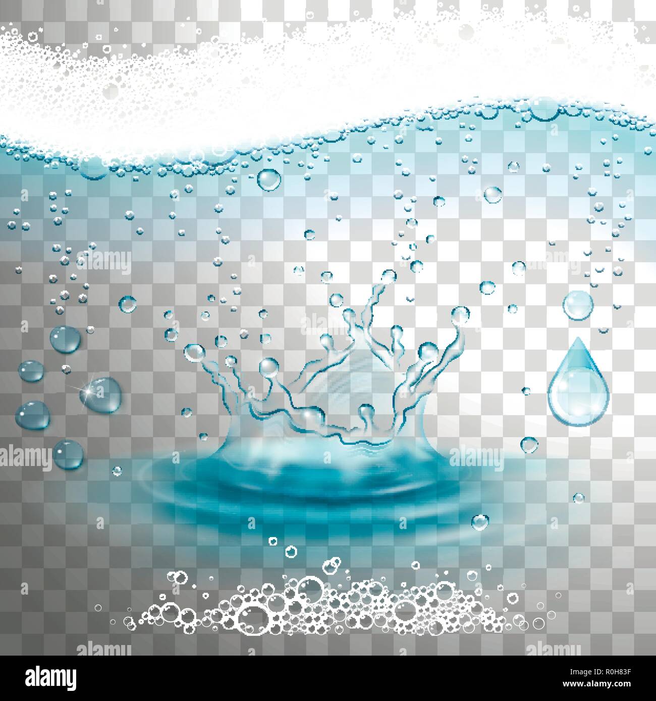 Set di acqua, gocce, schiuma, splash, bolle su uno sfondo trasparente Illustrazione Vettoriale