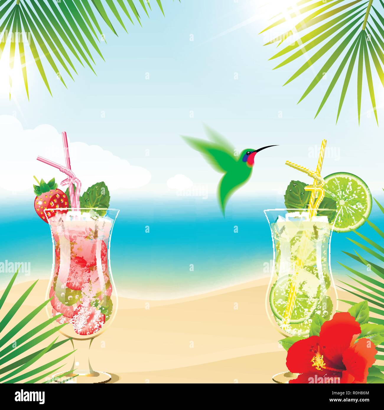Sfondo tropicale con cocktail rinfrescanti e hummingbird Illustrazione Vettoriale