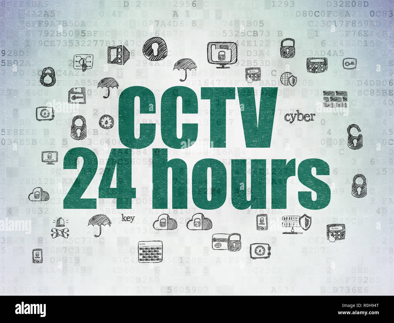 Concetto di sicurezza: CCTV 24 ore su dati digitali sullo sfondo della carta Foto Stock