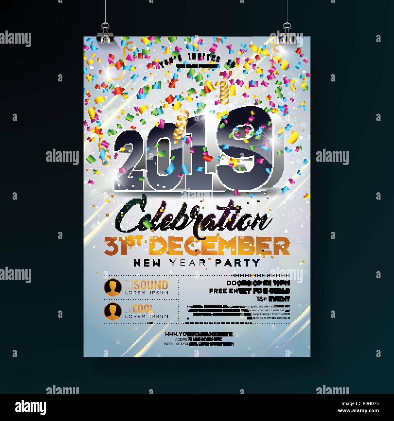 Illustrazione del modello del poster di festa di Capodanno con 3D 2019 numeri e confetti colorati in caduta su sfondo lucido chiaro. Vector Holiday Illustrazione Vettoriale