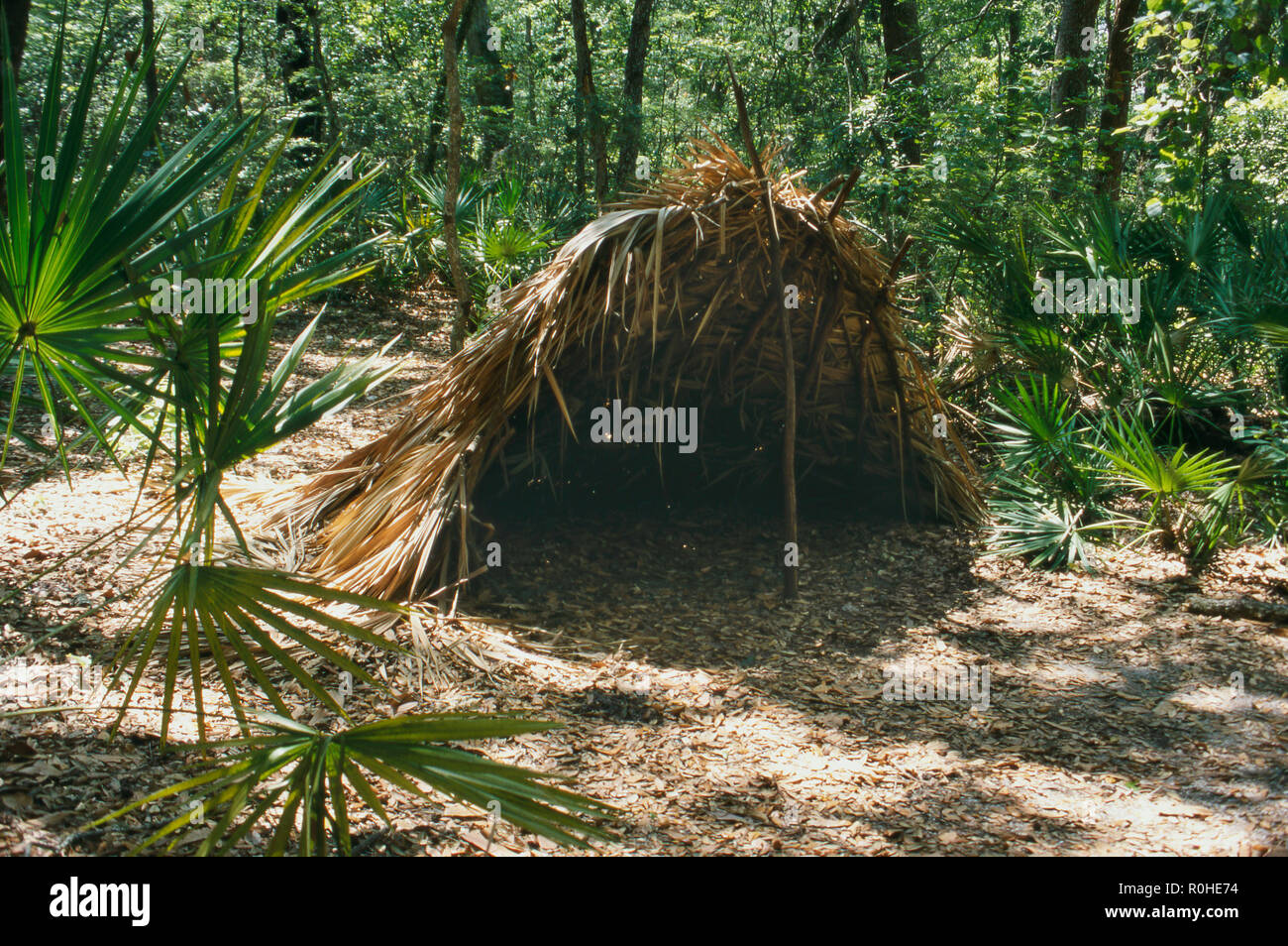 Timucuan nativo shelter (replica), Fort Caroline National Memorial su St John's River, Florida. Fotografia Foto Stock