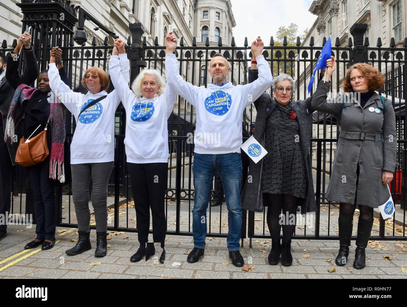 Londra, Regno Unito. 5 novembre 2018. L'ultimo miglio,manifestanti formano una catena umana dalla piazza del Parlamento al 10 di Downing Street per la campagna per il diritto di soggiorno nel Regno Unito dopo Brexit,London.UK Credit: Michael melia/Alamy Live News Foto Stock