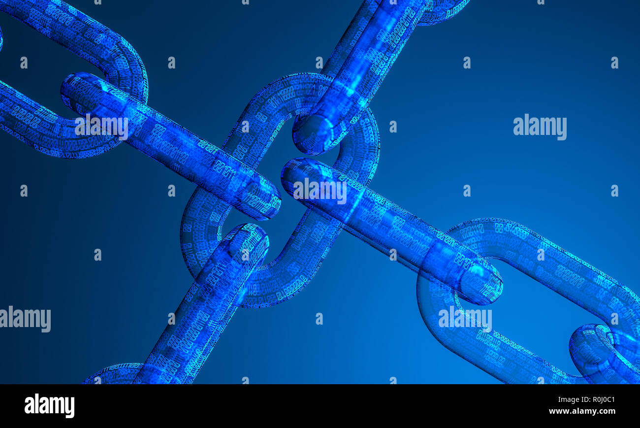 3D rendering immagine della catena fatta con codice binario, concetto di blockchain Foto Stock