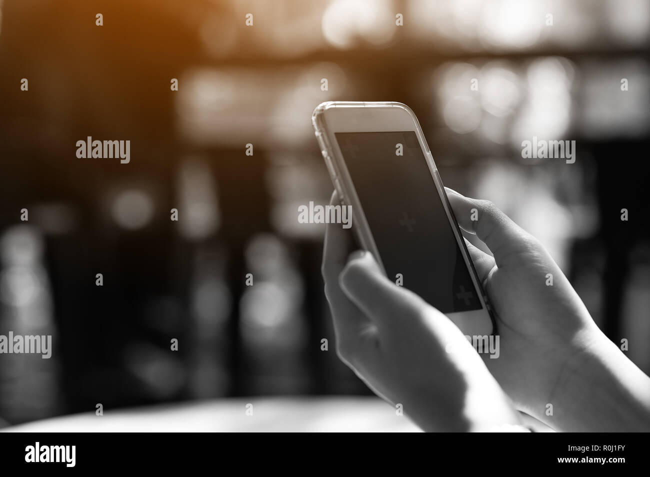 La vista ritagliata della donna mano azienda uno smart phone con una schermata vuota per il testo dello spazio del messaggio o il contenuto del messaggio di testo di lettura su un mobile p Foto Stock