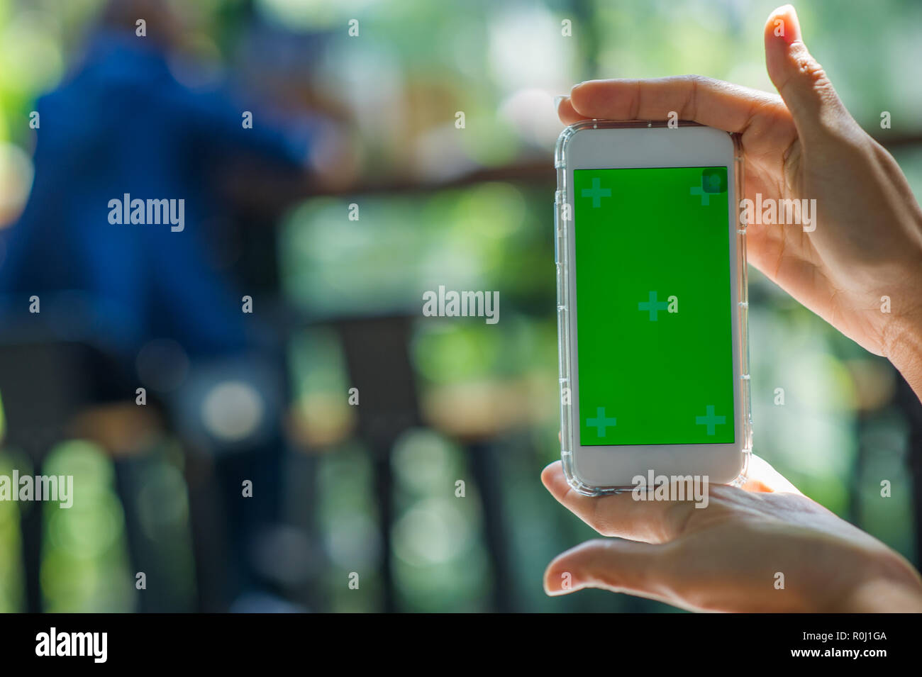 La vista ritagliata della donna mano azienda uno smart phone con una schermata vuota per il testo dello spazio del messaggio o il contenuto del messaggio di testo di lettura su un mobile p Foto Stock