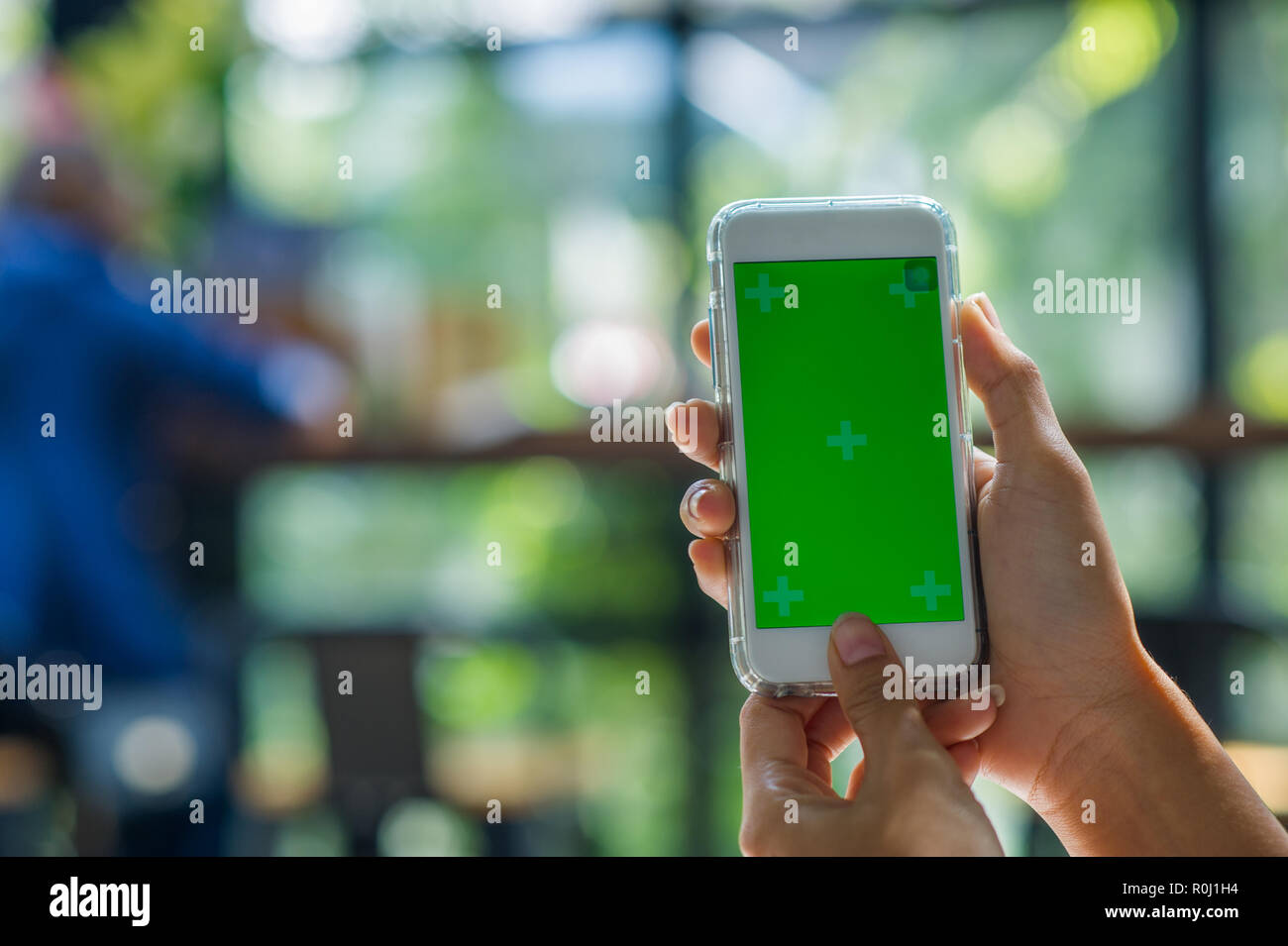 La vista ritagliata della donna mano azienda uno smart phone con una schermata vuota per il testo dello spazio del messaggio o il contenuto del messaggio di testo di lettura su un mobile p Foto Stock