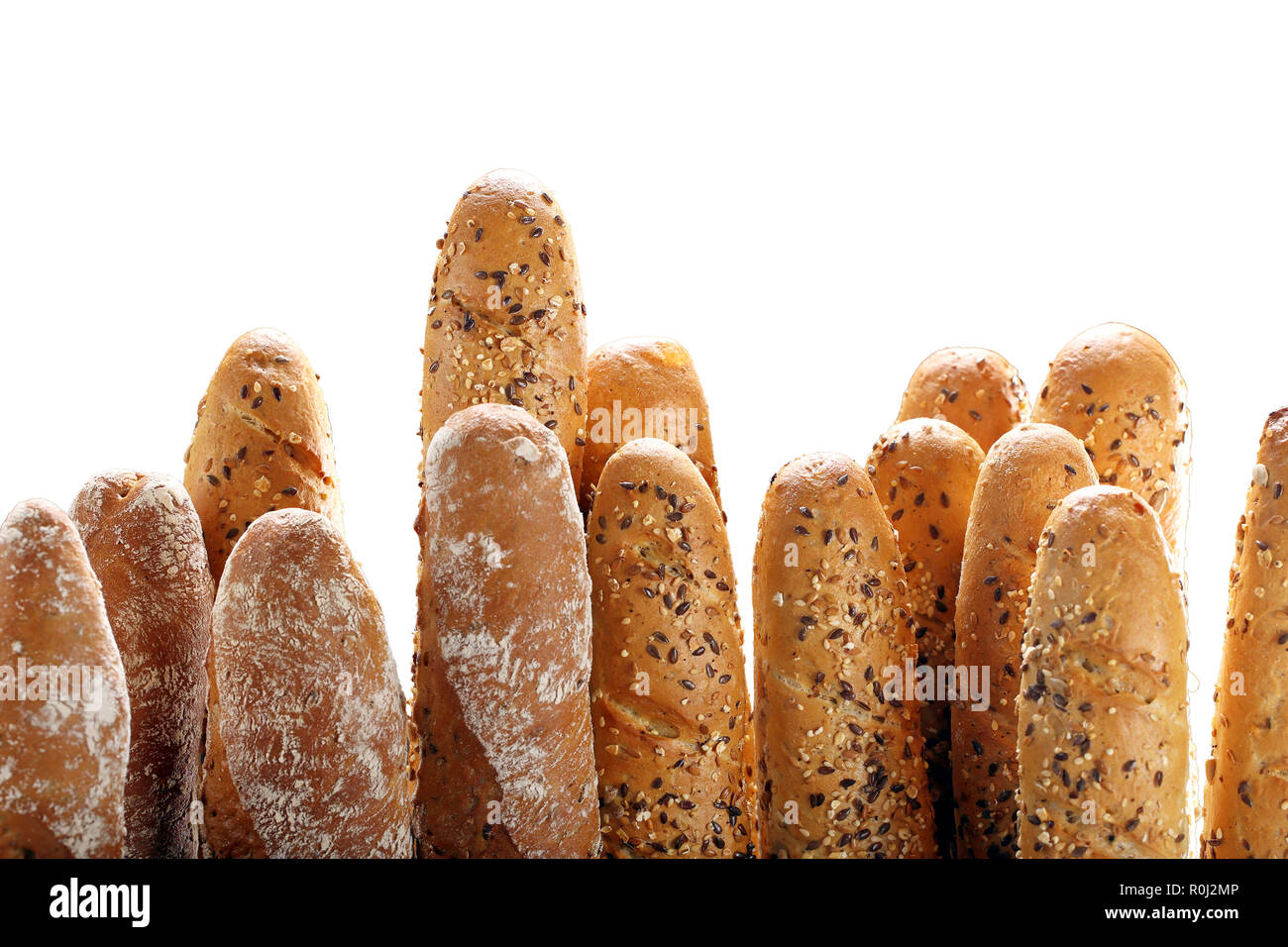 Baguette francese su sfondo bianco Foto Stock