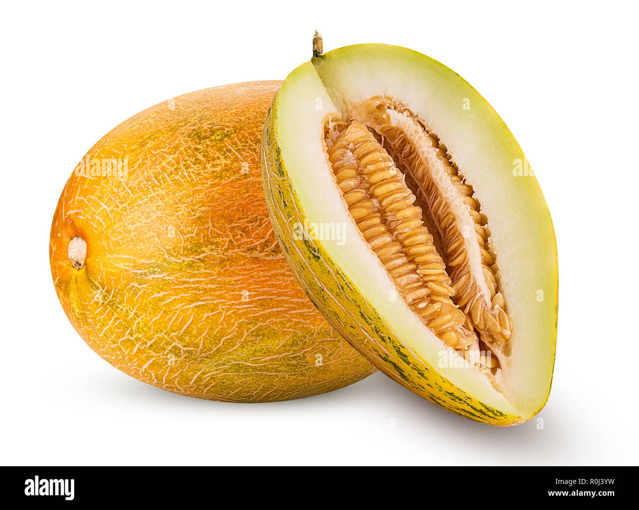 Il melone maturo intero e tagliato a metà isolato su sfondo bianco. Tracciato di ritaglio Foto Stock