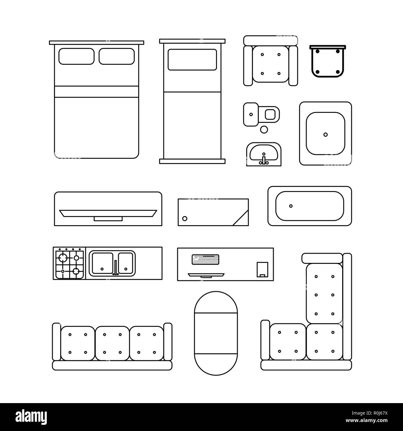 Grande serie di mobili per la casa, semplice contorno nero icone isolato su bianco Illustrazione Vettoriale