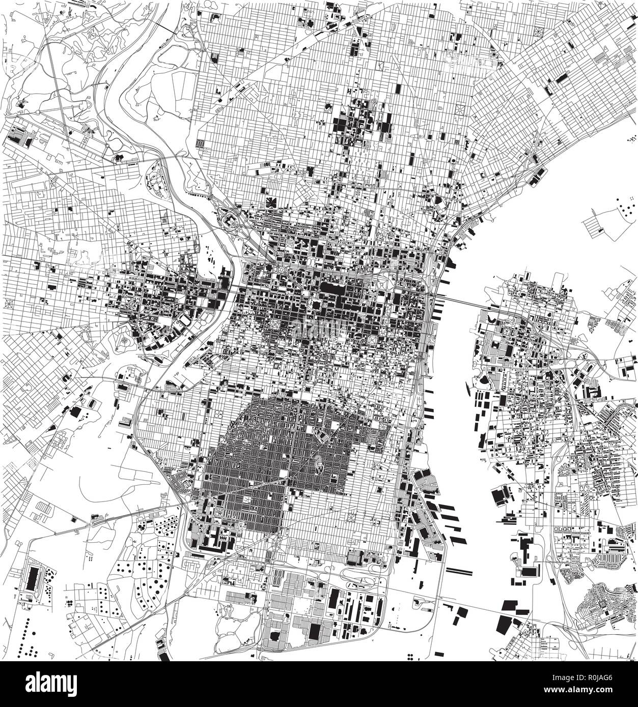 Mappa satellitare di Philadelphia, Philadelphia, Pennsylvania, strade della città. Mappa della strada, mappa del centro citta'. Stati Uniti d'America Illustrazione Vettoriale