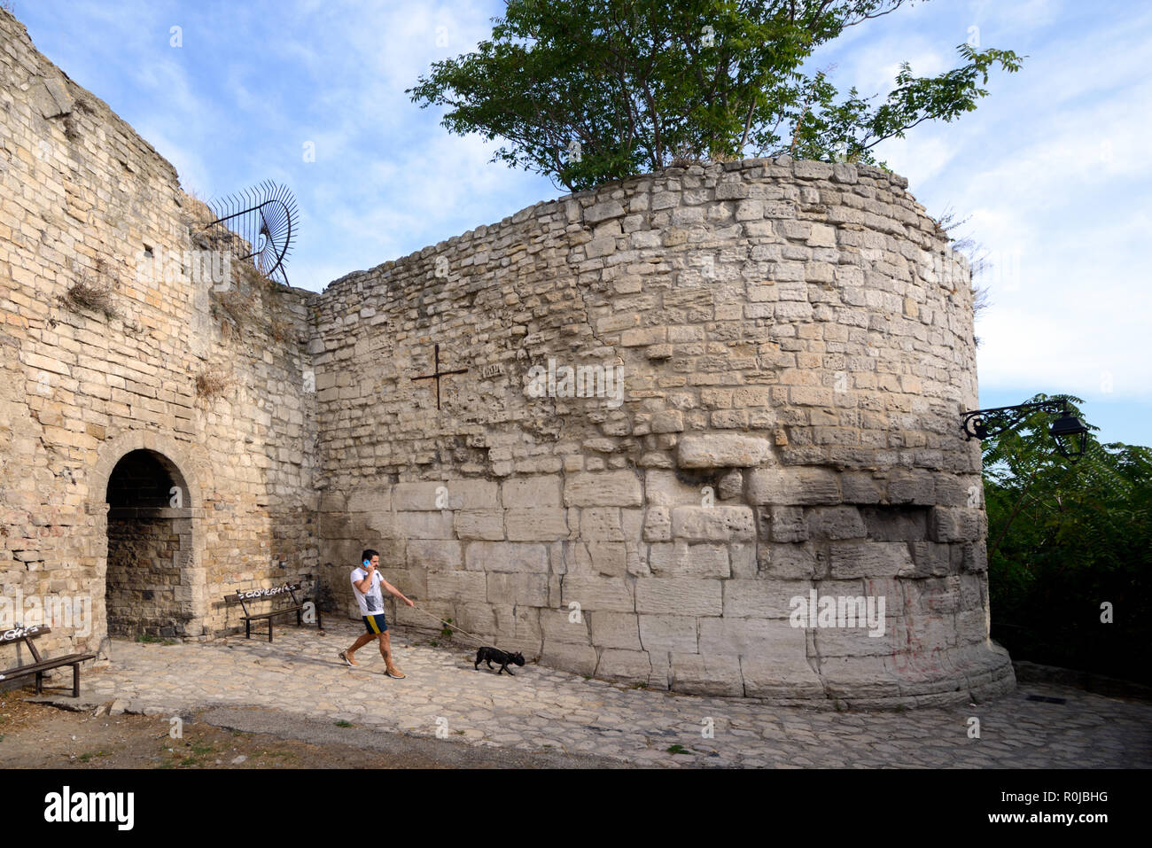 Uomo che cammina cane passeggiate passato le antiche mura romane o le mura della città & Town Gate Arles Provence Francia Foto Stock