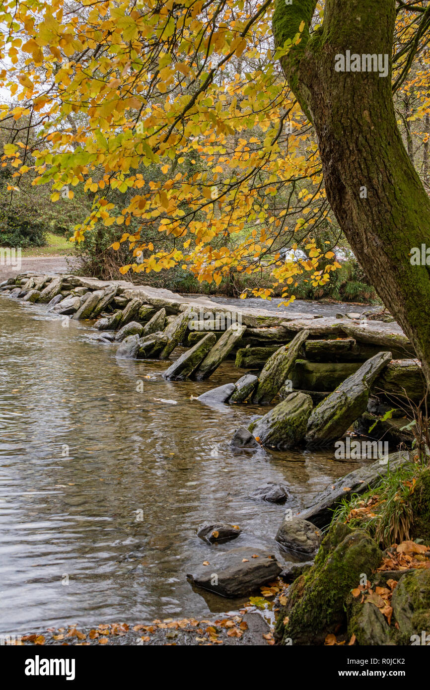 Autunno a Tarr passi ed è 17 span clapper bridge, Parco Nazionale di Exmoor, Somerset, Inghilterra, Regno Unito Foto Stock