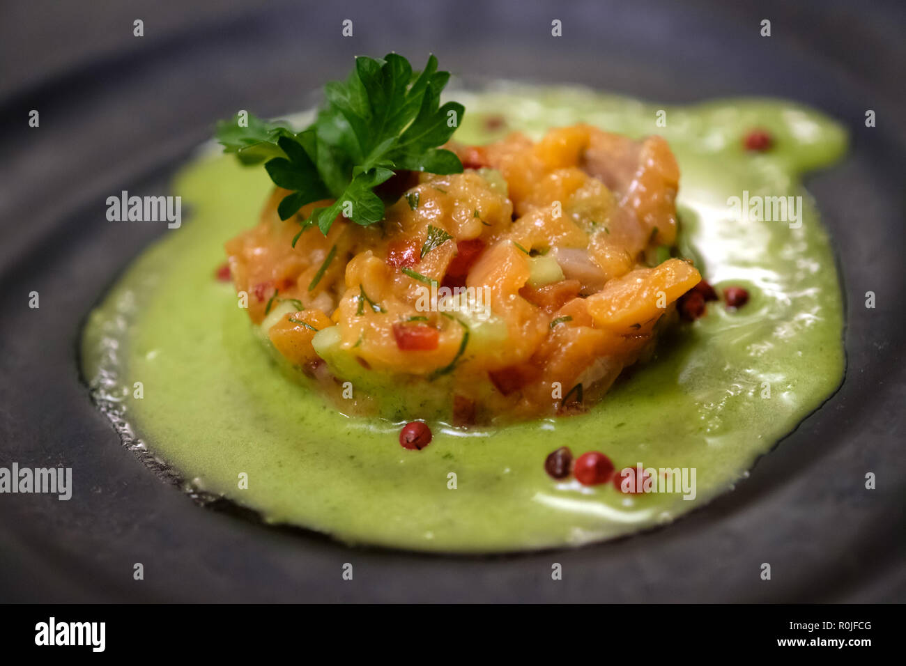 Salmone piatto cheviche presso un elegante ristorante gourmet Foto Stock