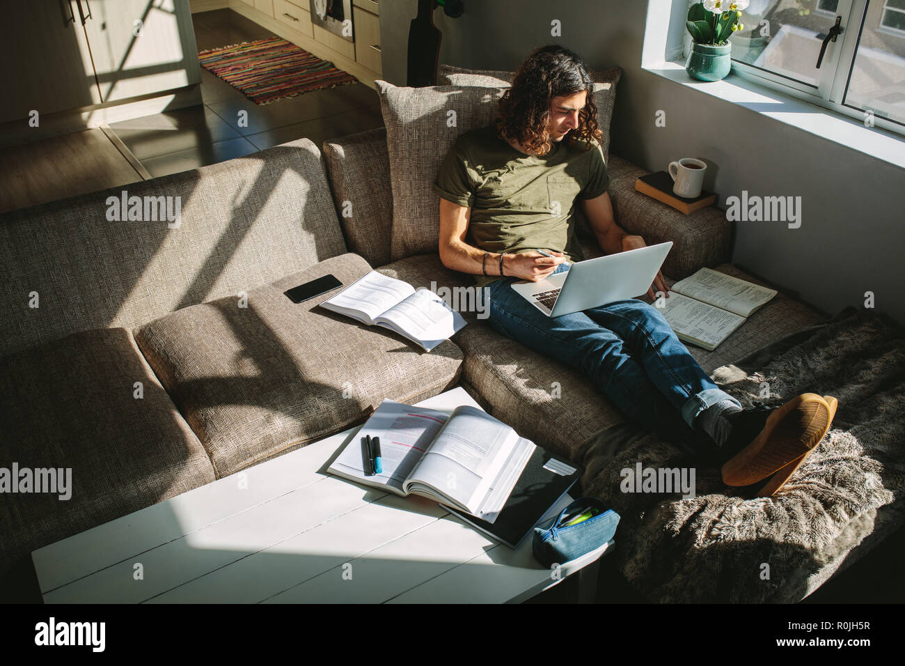 Studente studiando per gli esami seduto sul divano con la luce del sole proveniente dalla finestra. Studente di disco sul computer portatile e libri. Foto Stock