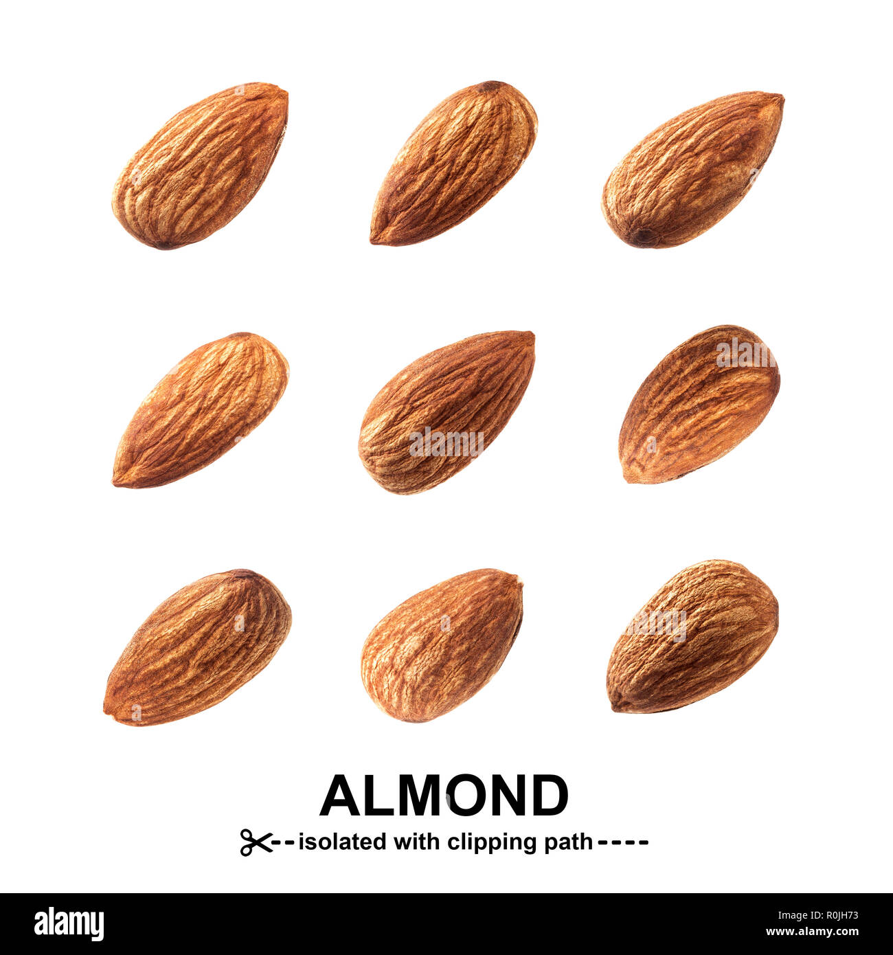 Almond isolato su sfondo bianco con percorso di clipping. Collezione di dadi. Foto Stock