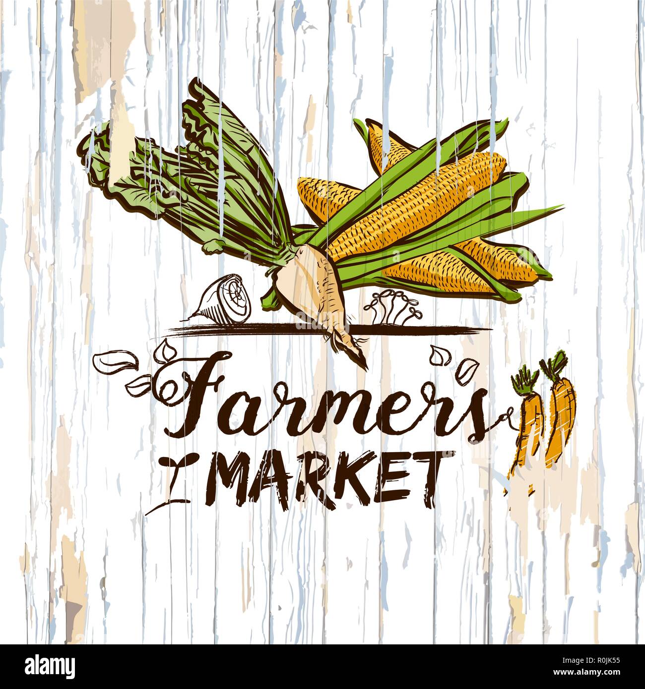 Mercato degli Agricoltori illustrazione su legno. Vettore illustrazione di cibo. Illustrazione Vettoriale