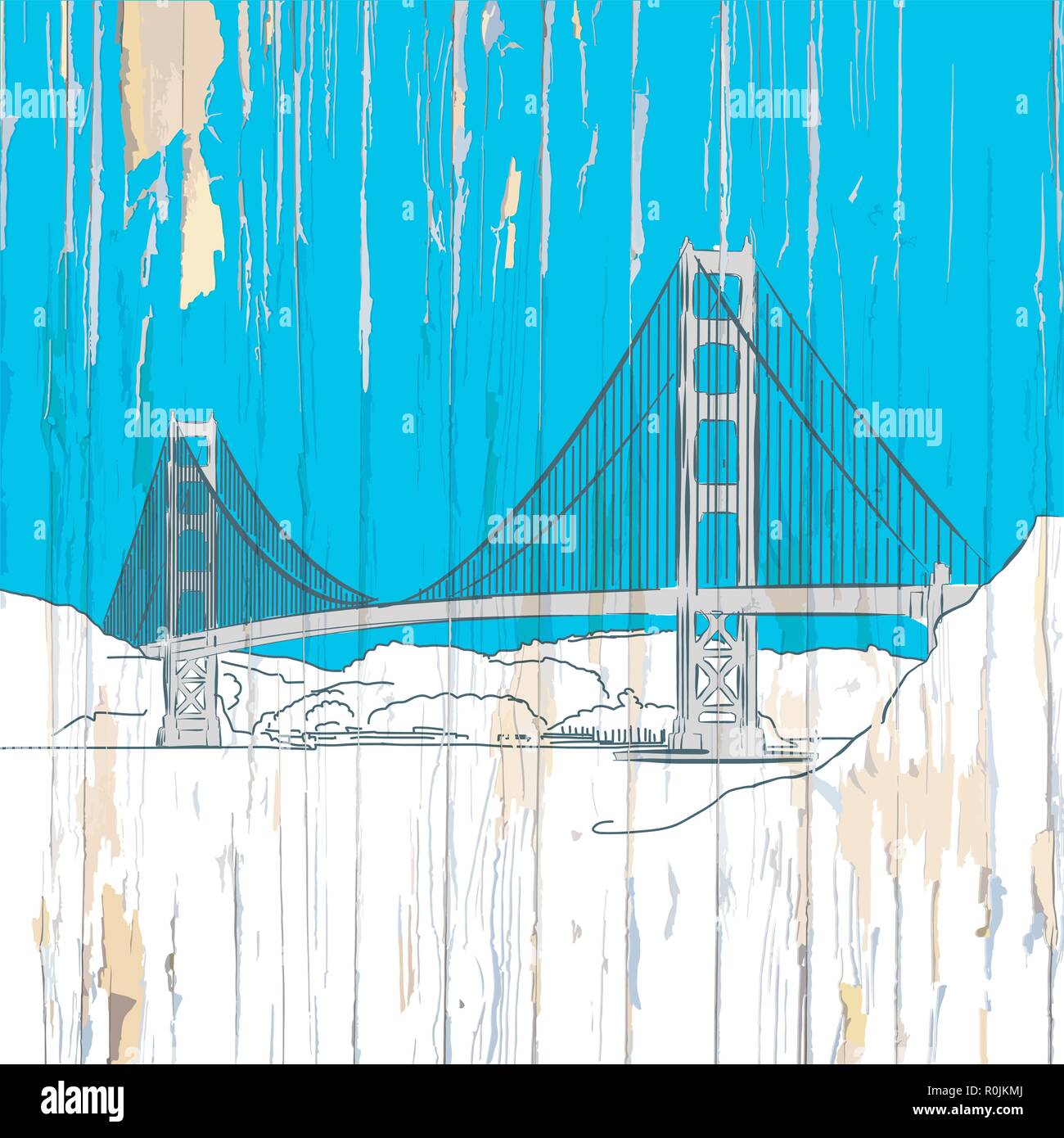 Golden Gate bridge disegno su legno. Illustrazione Vettoriale su sfondo vintage. Illustrazione Vettoriale