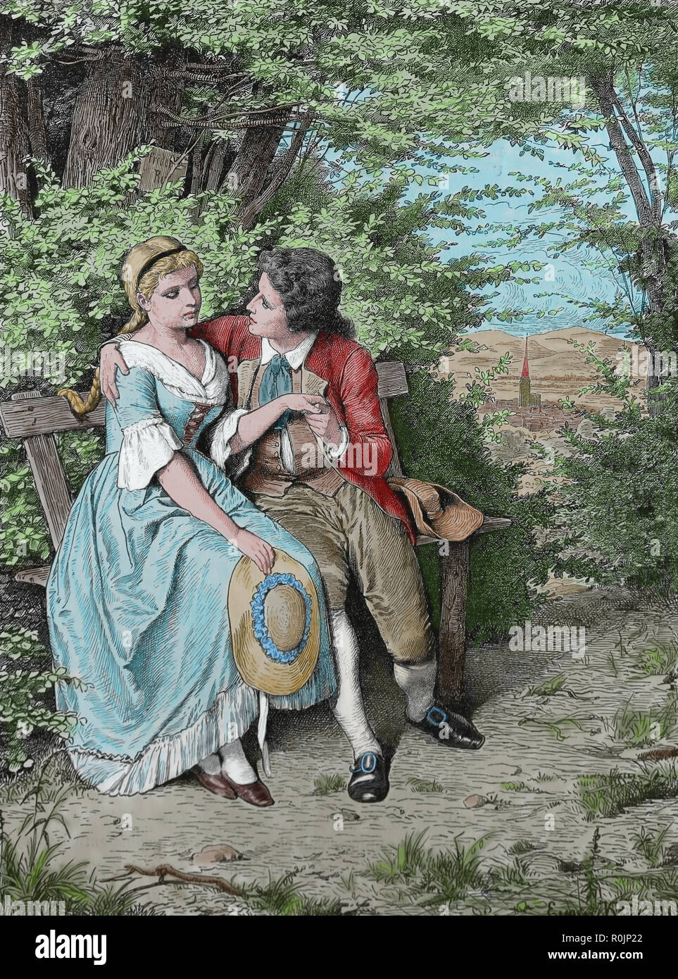 Scrittore tedesco Johann Wolfgang von Goethe (Francoforte sul Meno 1749 - Weimar 1832) con Friederike Brion (1752-1813). Engravin di germanio, 1882. Foto Stock
