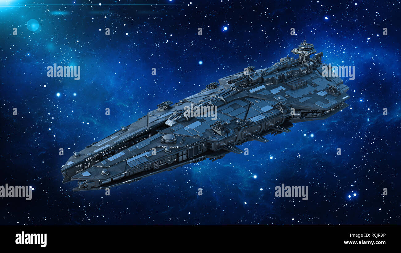 Astronave aliena nell'universo, veicoli spaziali volare nello spazio profondo con stelle in background, UFO, rendering 3D Foto Stock