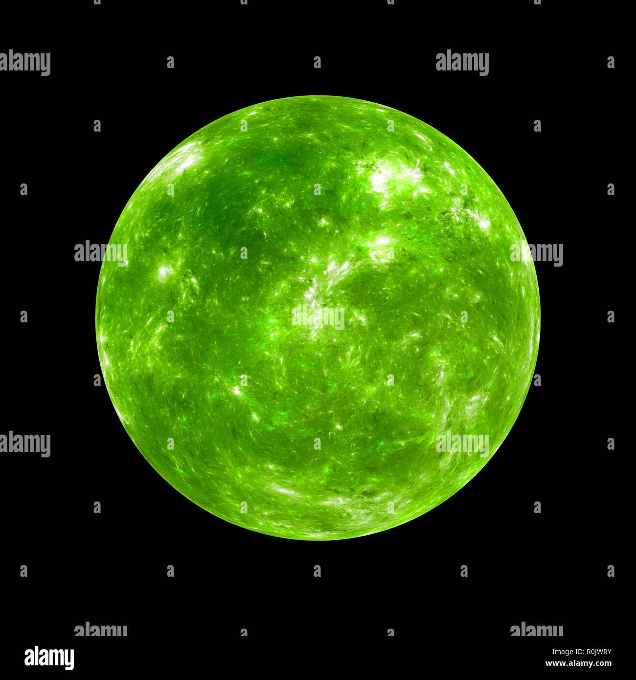 Green exoplanet isolate su nero, generato dal computer sfondo astratto, rendering 3D Foto Stock
