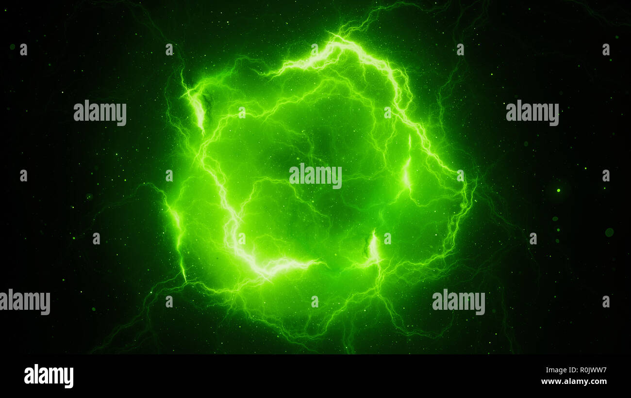 Incandescente verde ad alta energia fulmini, generato dal computer sfondo astratto, rendering 3D Foto Stock
