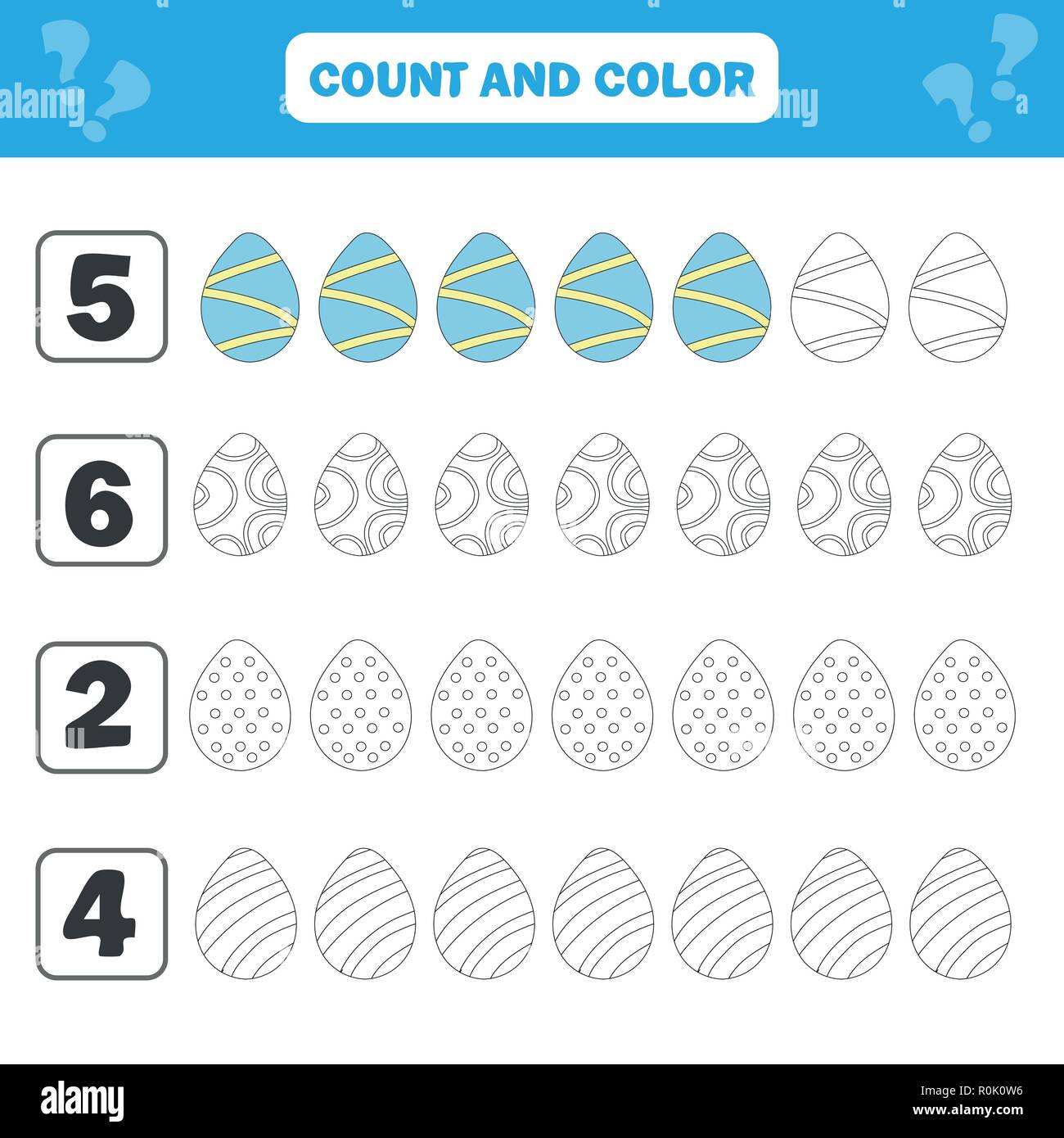 Gioco per bambini in età prescolare. Conteggio dei colori e le uova di Pasqua nella foto Illustrazione Vettoriale