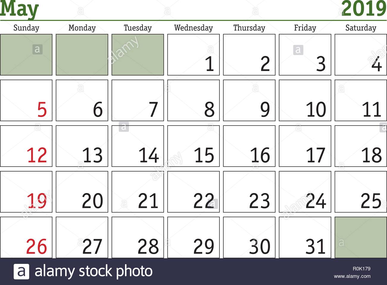 Semplice Digitale Calendario Per Il Mese Di Maggio 19 Vettore Calendario Stampabile Utilita Di Pianificazione Mensile Settimana Comincia La Domenica Calendario In Inglese Immagine E Vettoriale Alamy