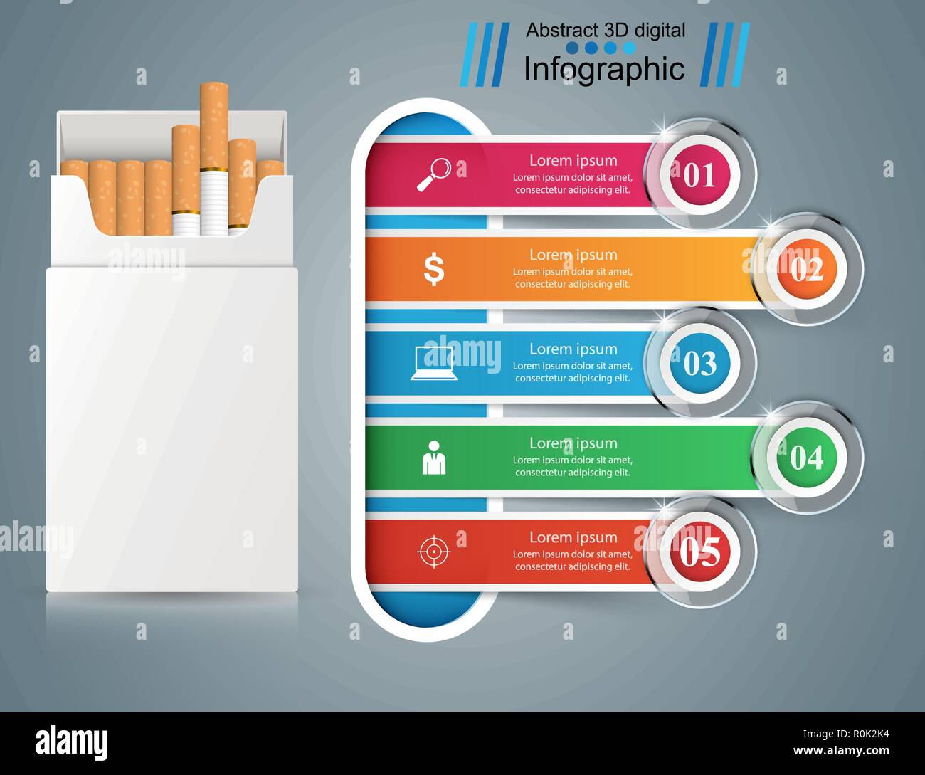 Salute sigaretta ed infografico. Cinque voci. Illustrazione Vettoriale
