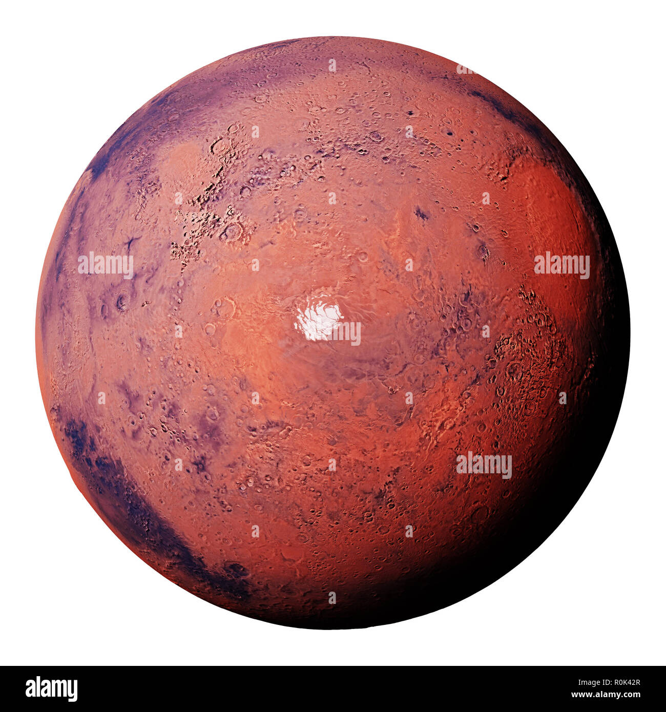 Marte con il Pianeta rosso del sud il ghiaccio polare cappuccio, isolati su sfondo bianco Foto Stock